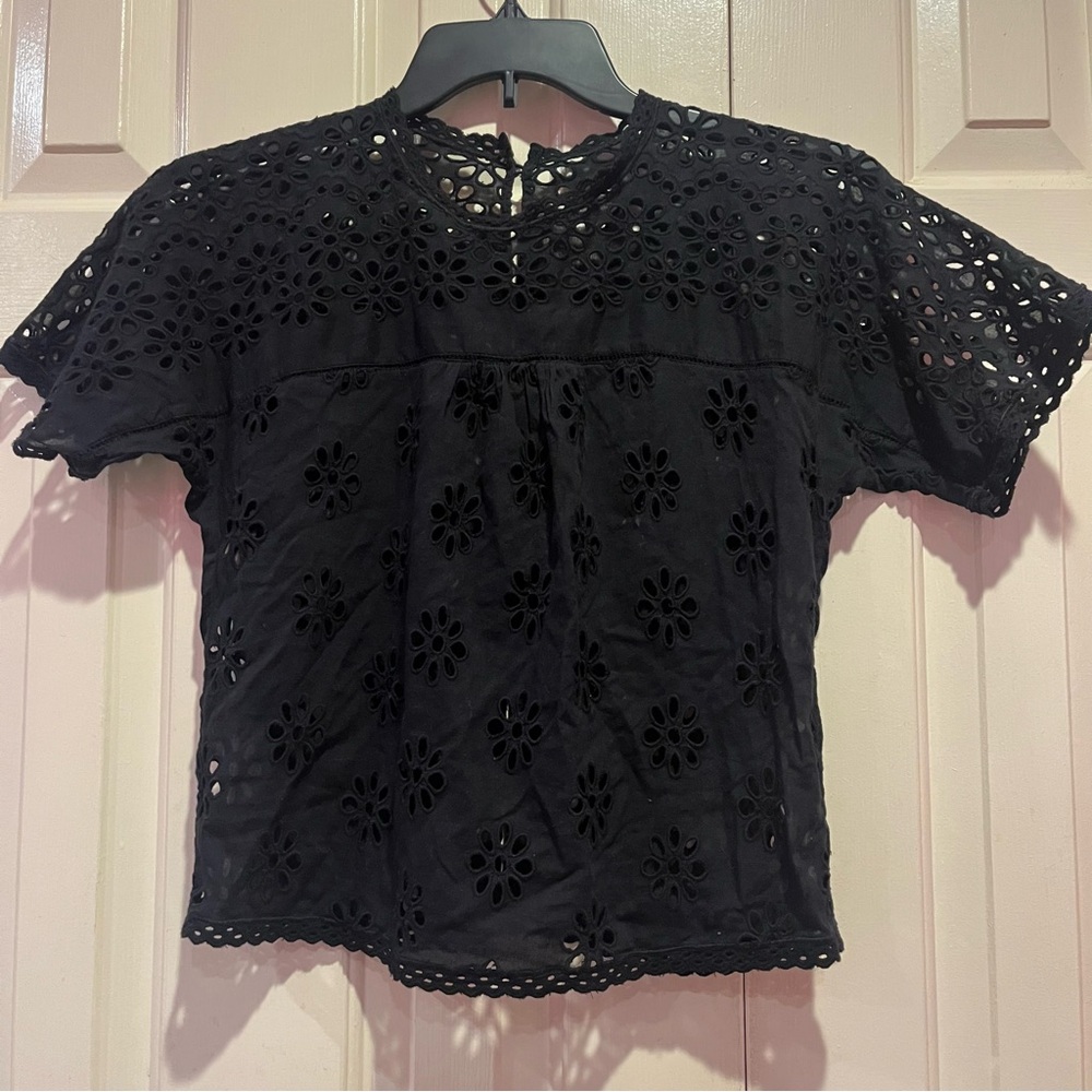 Doen Delphine Eyelet Embroidered Black Cotton Blouse Top Size XS